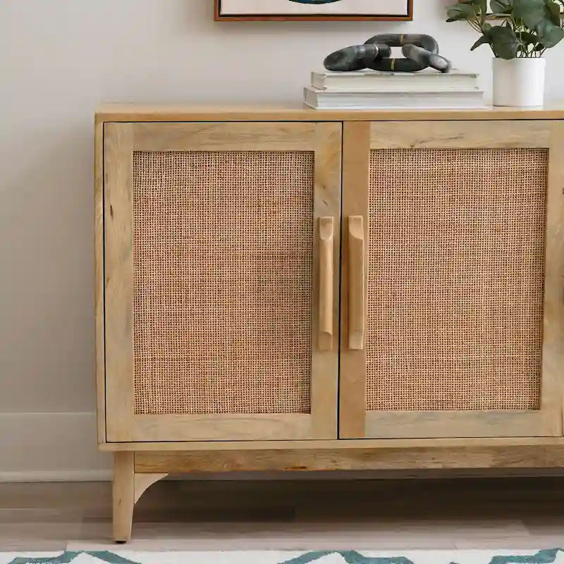 Natural Mango Wood Cane 3-Door Cabinet