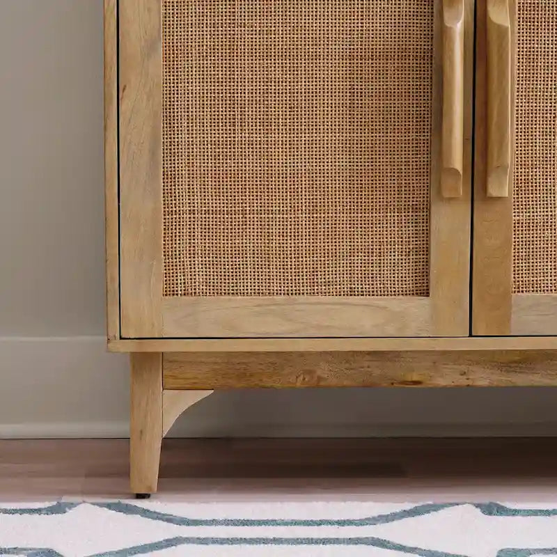 Natural Mango Wood Cane 3-Door Cabinet