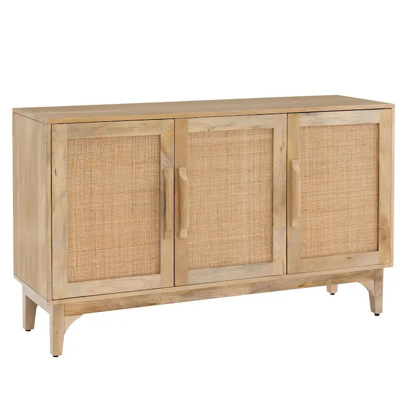 Natural Mango Wood Cane 3-Door Cabinet