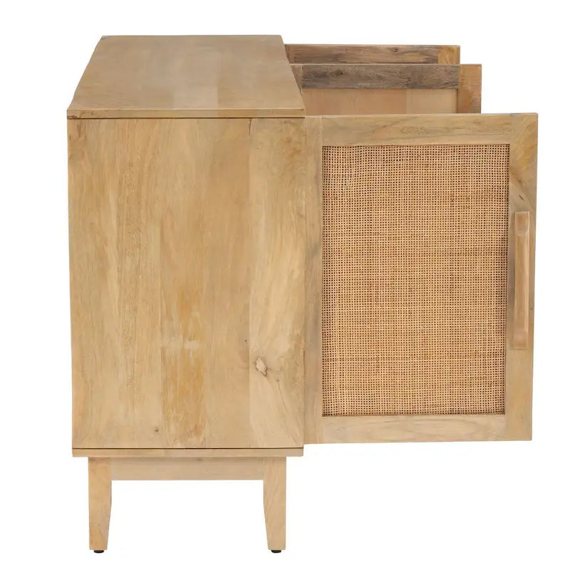 Natural Mango Wood Cane 3-Door Cabinet