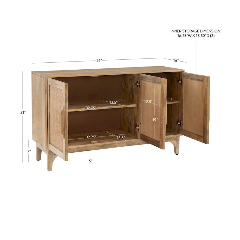 Natural Mango Wood Cane 3-Door Cabinet