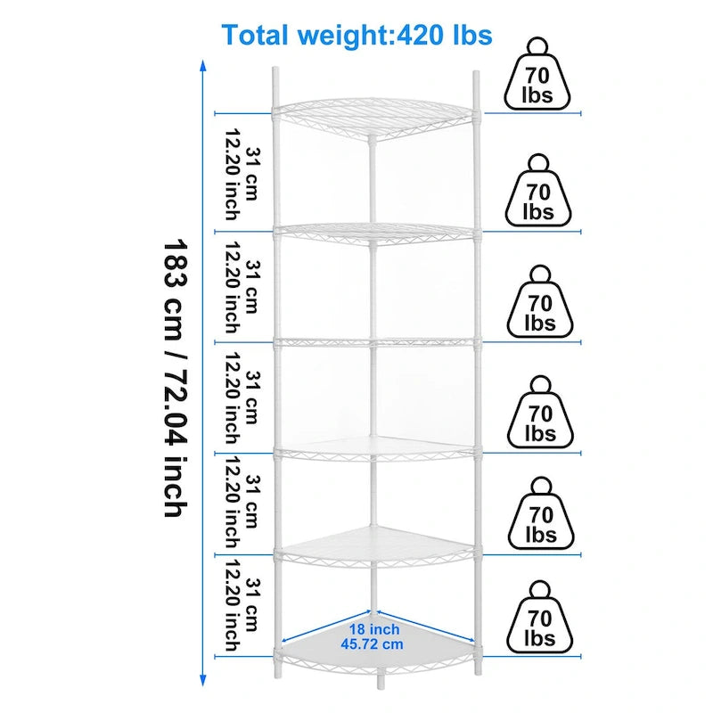 6 Tier Shelf Corner Wire Shelf Rack Adjustable