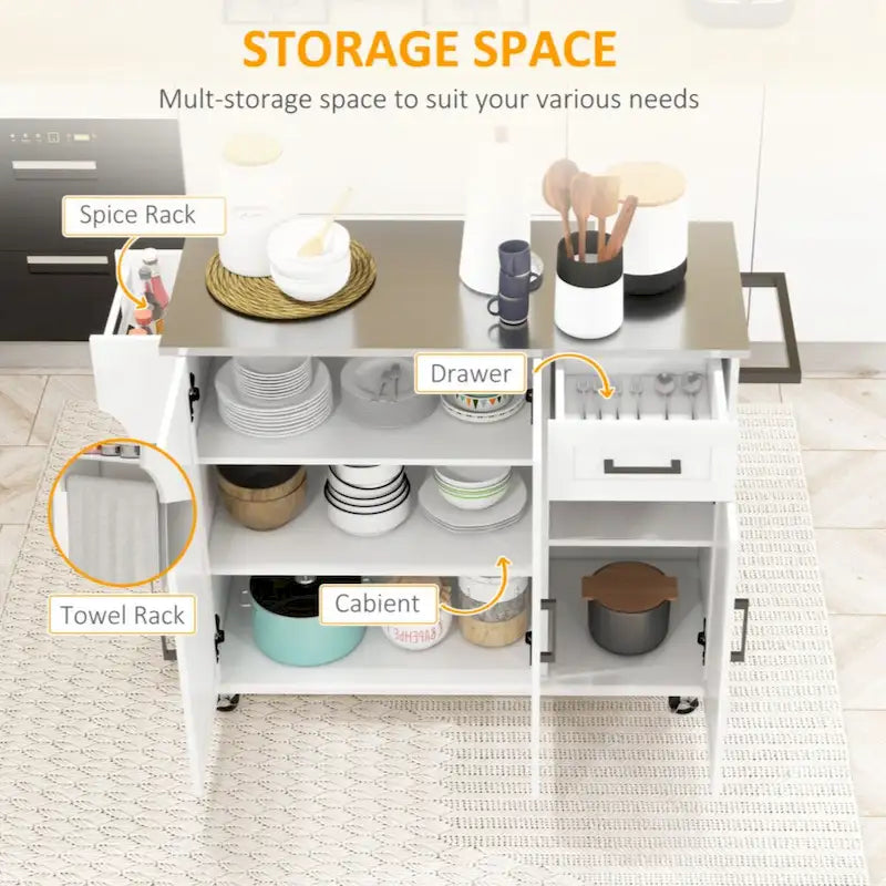 Kitchen Island with Storage, Rolling Kitchen Island on Wheels with Drawer, 3 Cabinets,Spice Rack and Towel Rack, White
