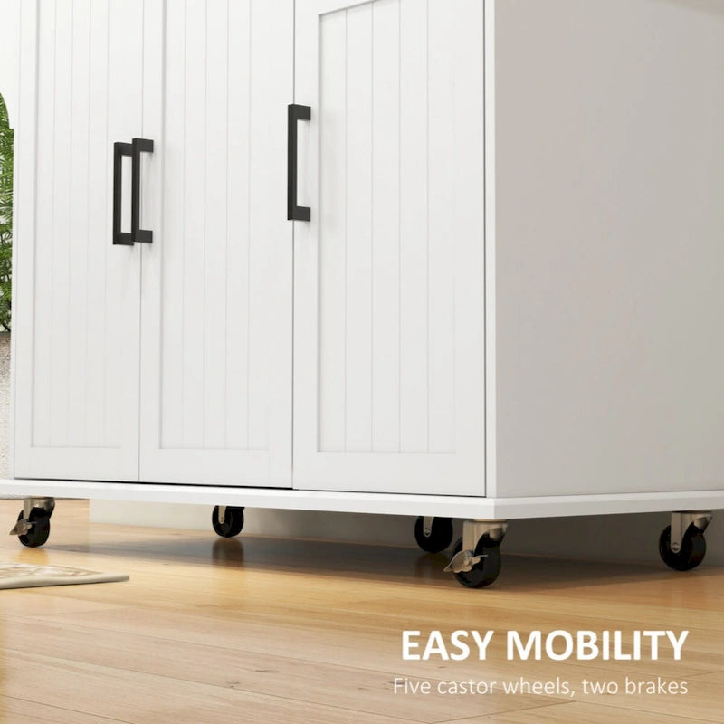 Kitchen Island with Storage, Rolling Kitchen Island on Wheels with Drawer, 3 Cabinets,Spice Rack and Towel Rack, White