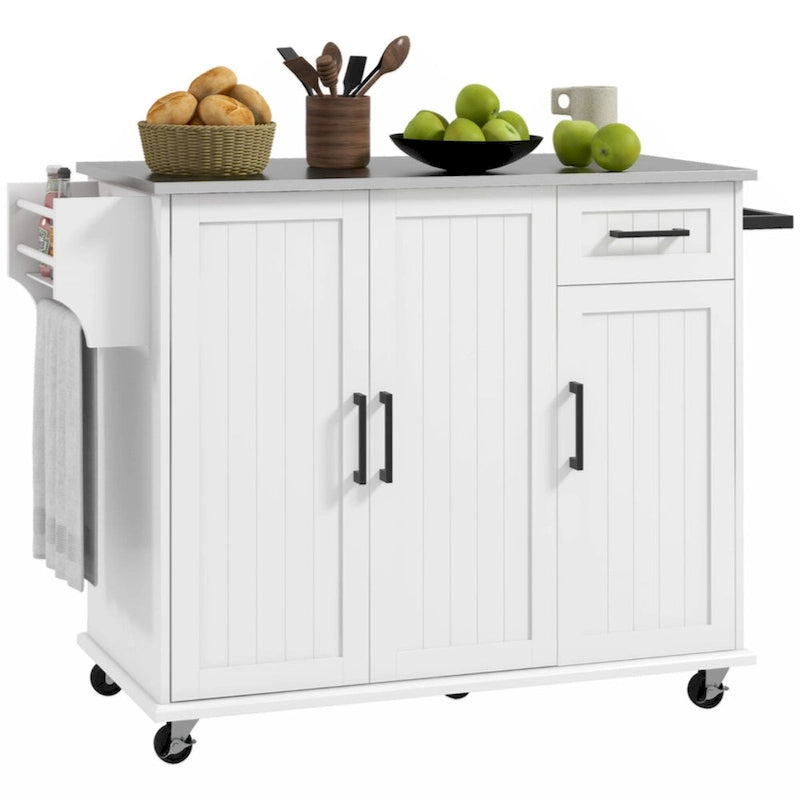 Kitchen Island with Storage, Rolling Kitchen Island on Wheels with Drawer, 3 Cabinets,Spice Rack and Towel Rack, White