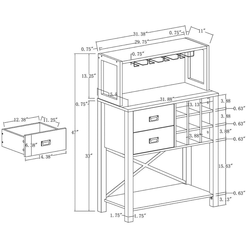 32 in. Wood Buffet Bar Cabinet with Wine Rack - Holds up to 9 Bottles