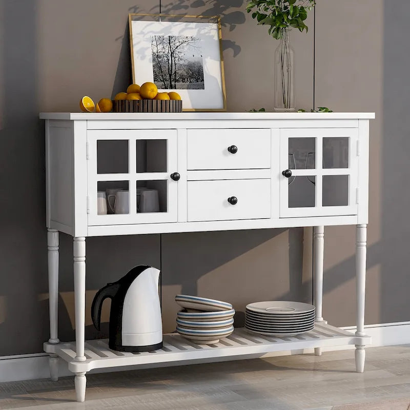 Sideboard Console Table with Bottom Shelf, Farmhouse Wood/Glass Buffet Storage Cabinet Living Room