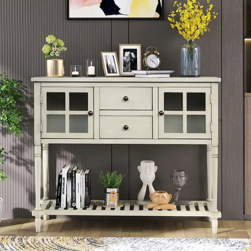 Sideboard Console Table with Bottom Shelf, Farmhouse Wood/Glass Buffet Storage Cabinet Living Room