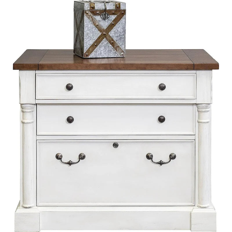 Rustic Wood Lateral File With Locking Legal/Letter File Drawer, Storage Cabinet, White