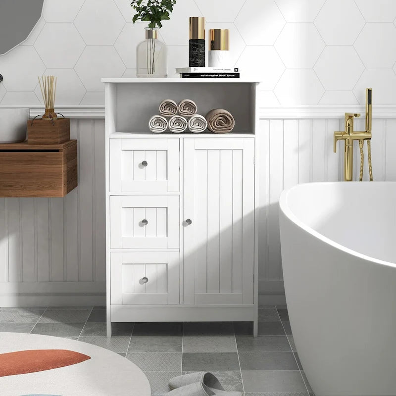 White Bathroom Standing Storage Cabinet with 3 Drawers and 1 Door