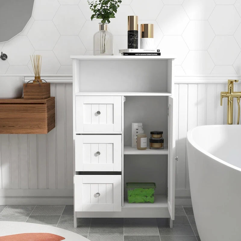 White Bathroom Standing Storage Cabinet with 3 Drawers and 1 Door