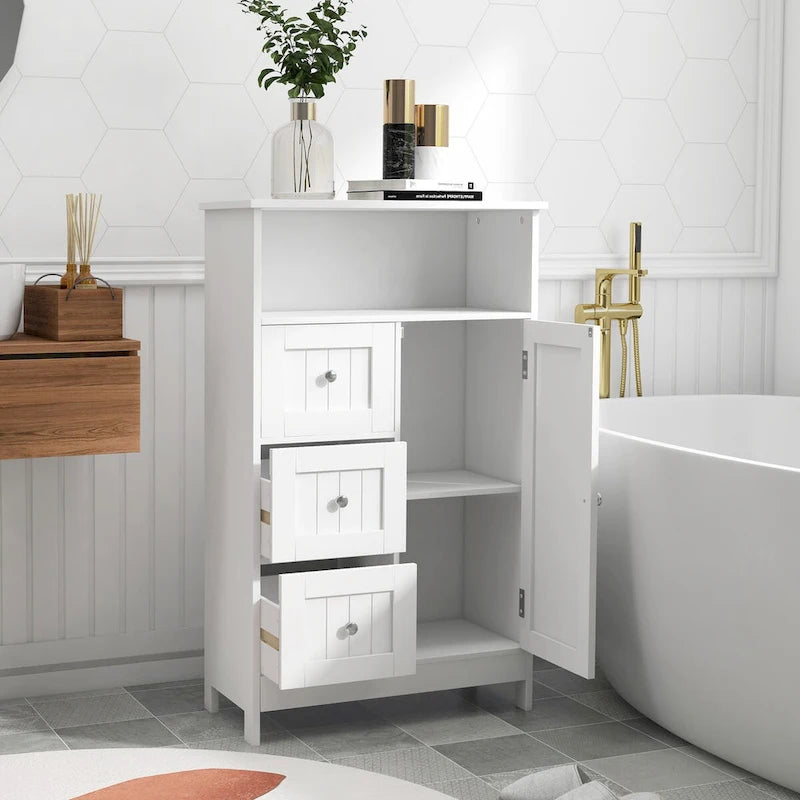 White Bathroom Standing Storage Cabinet with 3 Drawers and 1 Door