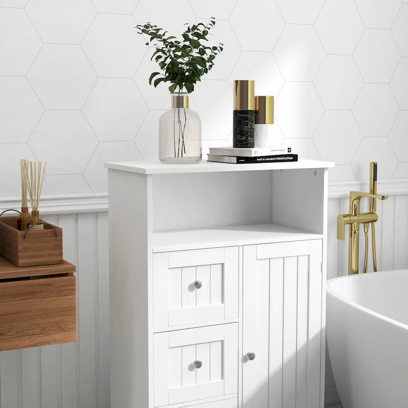 White Bathroom Standing Storage Cabinet with 3 Drawers and 1 Door