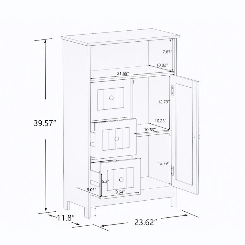 White Bathroom Standing Storage Cabinet with 3 Drawers and 1 Door
