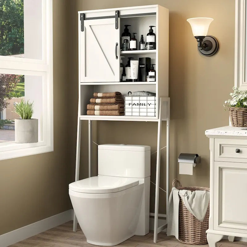 Over-Toilet Storage Cabinet with Sliding Barn Door and Adjustable Shelves