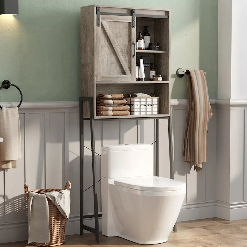 Over-Toilet Storage Cabinet with Sliding Barn Door and Adjustable Shelves