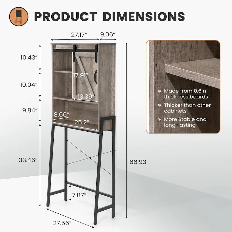 Over-Toilet Storage Cabinet with Sliding Barn Door and Adjustable Shelves