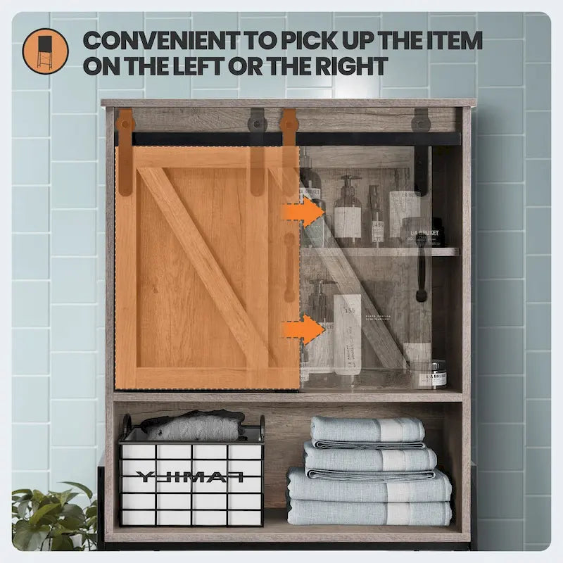 Over-Toilet Storage Cabinet with Sliding Barn Door and Adjustable Shelves