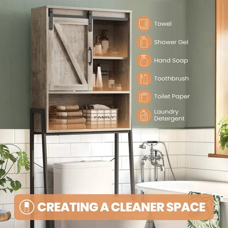Over-Toilet Storage Cabinet with Sliding Barn Door and Adjustable Shelves