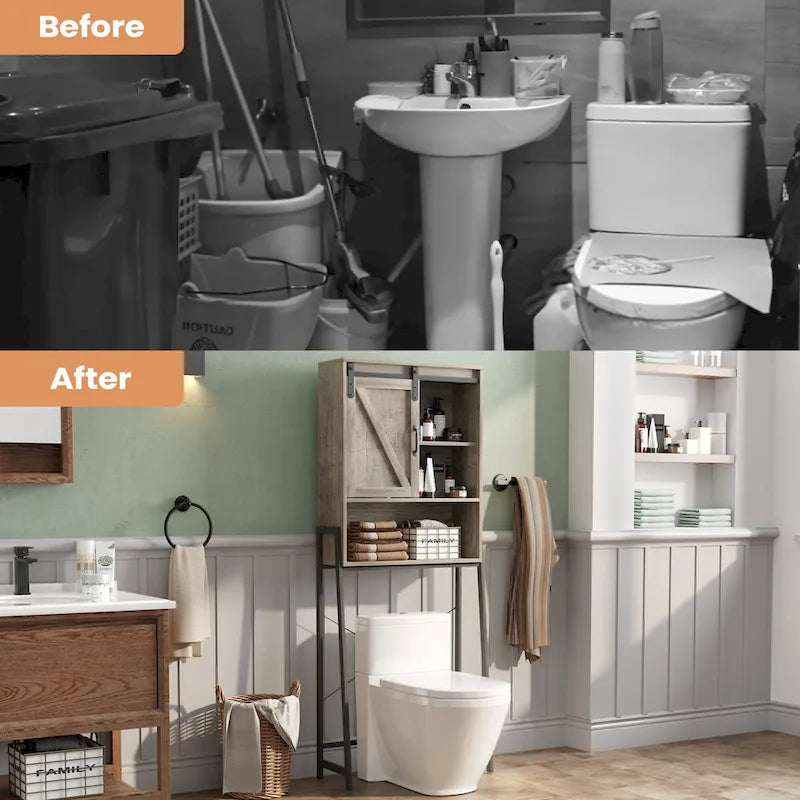 Over-Toilet Storage Cabinet with Sliding Barn Door and Adjustable Shelves