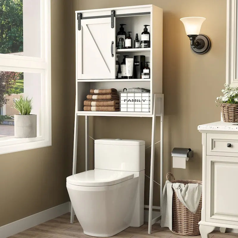 Over-Toilet Storage Cabinet with Sliding Barn Door and Adjustable Shelves