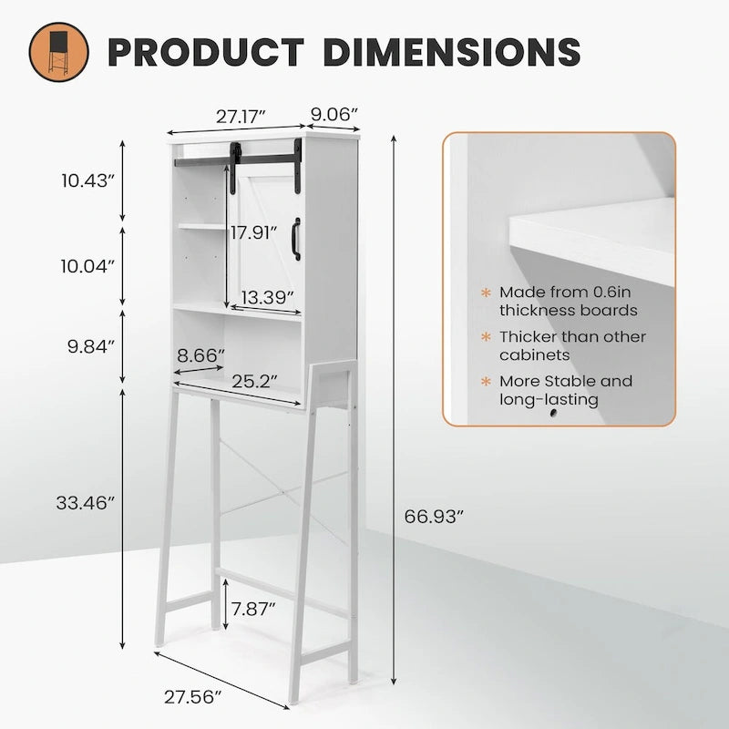 Over-Toilet Storage Cabinet with Sliding Barn Door and Adjustable Shelves