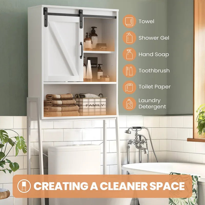 Over-Toilet Storage Cabinet with Sliding Barn Door and Adjustable Shelves