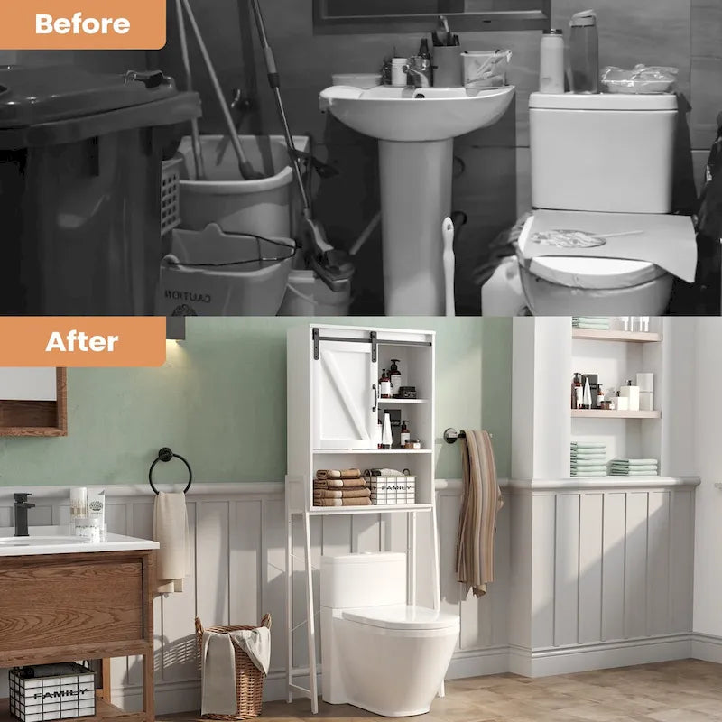 Over-Toilet Storage Cabinet with Sliding Barn Door and Adjustable Shelves