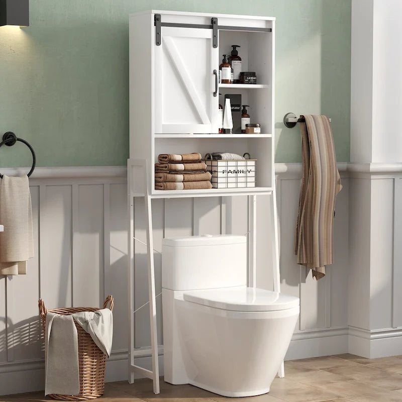 Over-Toilet Storage Cabinet with Sliding Barn Door and Adjustable Shelves