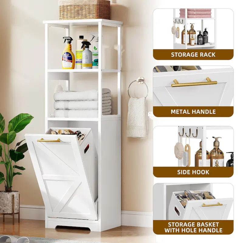 53H 3-Tier Tilt Out Laundry Hamper Bathroom Storage Shelf Cabinet